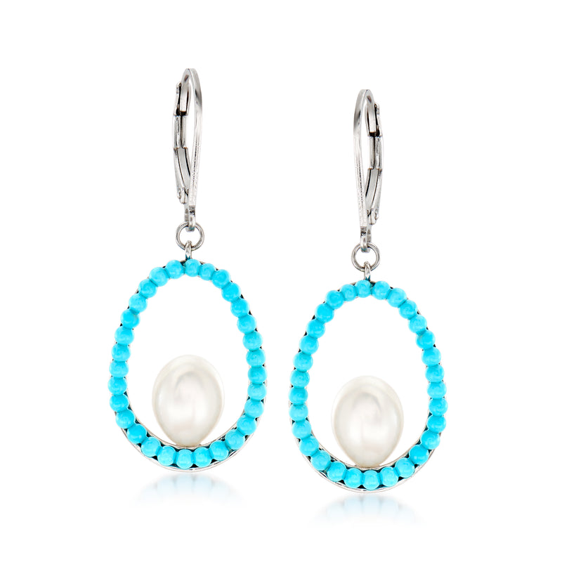 Sterling silver leverback drop earrings with turquoise beaded hoop and white cultured pearl