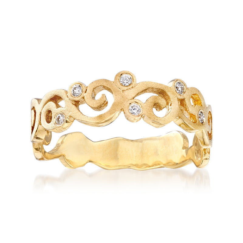 14kt yellow gold spiral ring with round diamond accents, openwork swirl band