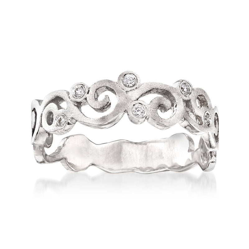 14kt white gold spiral ring with round diamond accents, swirling openwork band