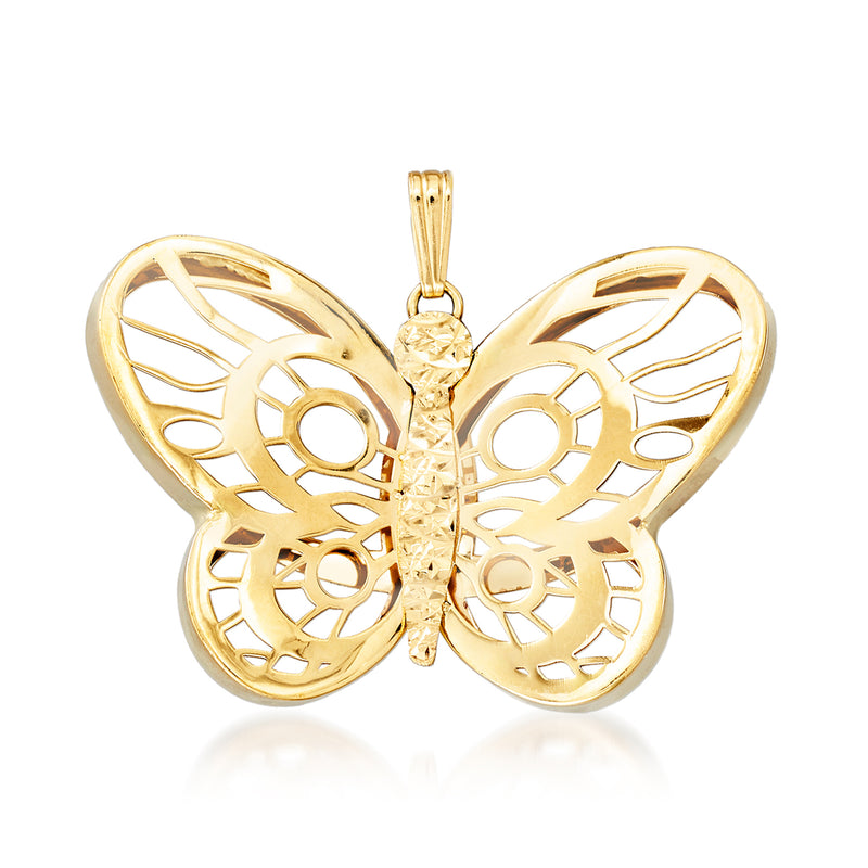 14kt yellow gold butterfly cut-out pendant with detailed filigree and round center charm