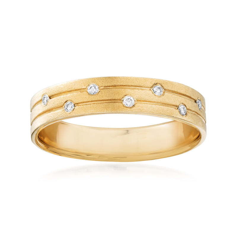 14kt yellow gold band ring with small round diamond accents along top