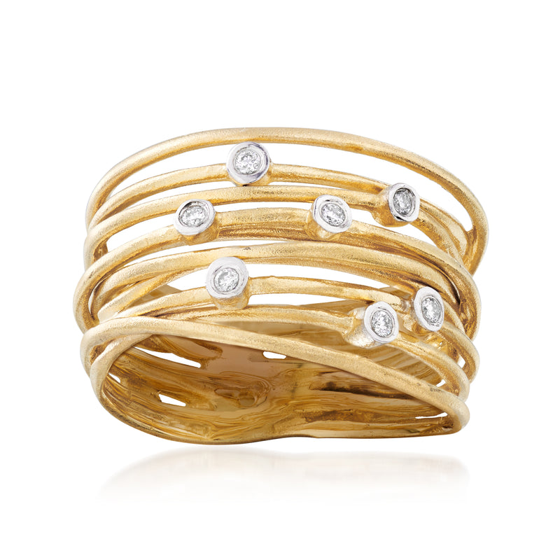 14kt yellow gold multi-row ring with round diamond accents, layered bands