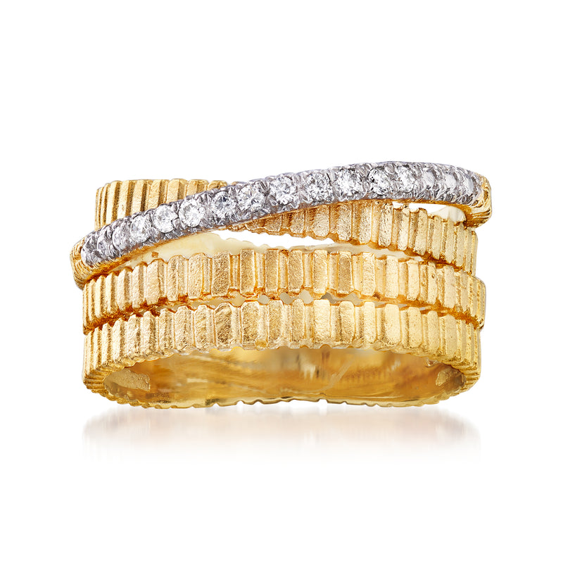 14kt yellow gold multi-row diamond ring with clear stones on textured band