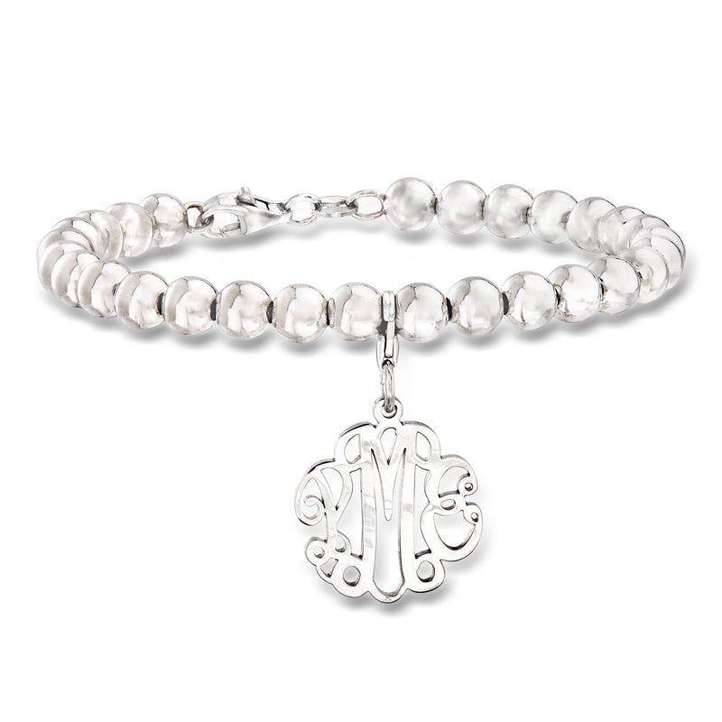 Sterling silver bead bracelet with dangling monogram charm and lobster clasp