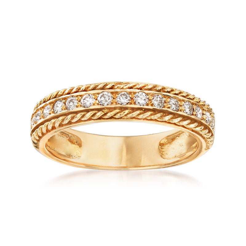 14kt yellow gold diamond roped border ring with round-cut stones on polished band