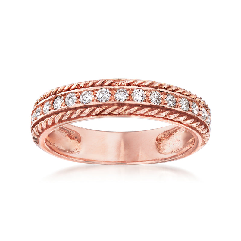 14kt rose gold ring with diamond roped borders