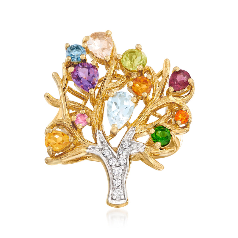 Tree of life ring in gold tone with multicolor gemstones and white diamond accents