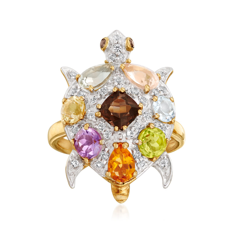 Multi-gemstone turtle ring in 18kt gold over sterling with crystal, purple, green, orange stones
