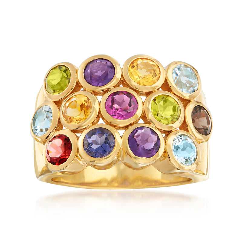 Gold over sterling multi-gemstone three-row ring with round colorful gemstones, openwork band