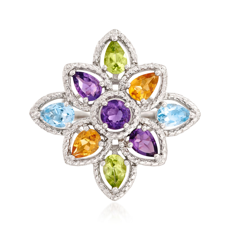 Sterling silver floral multi-gem ring with green, purple, orange, and blue stones