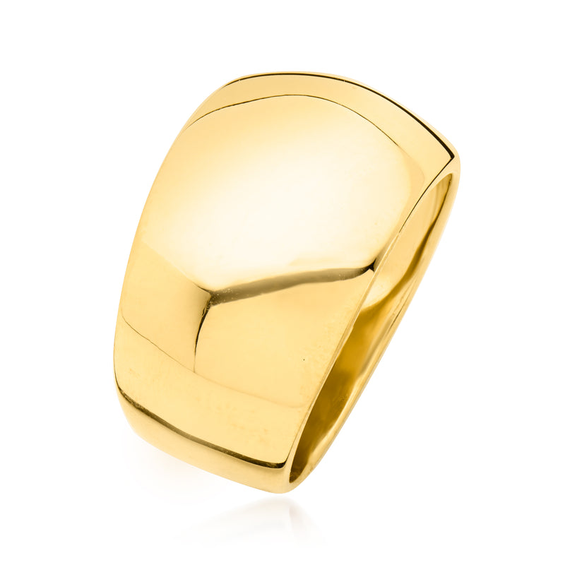Polished gold dome ring, side view with open interior band