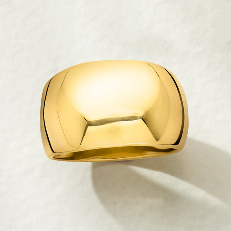 Polished gold dome ring, front view with mirror shine