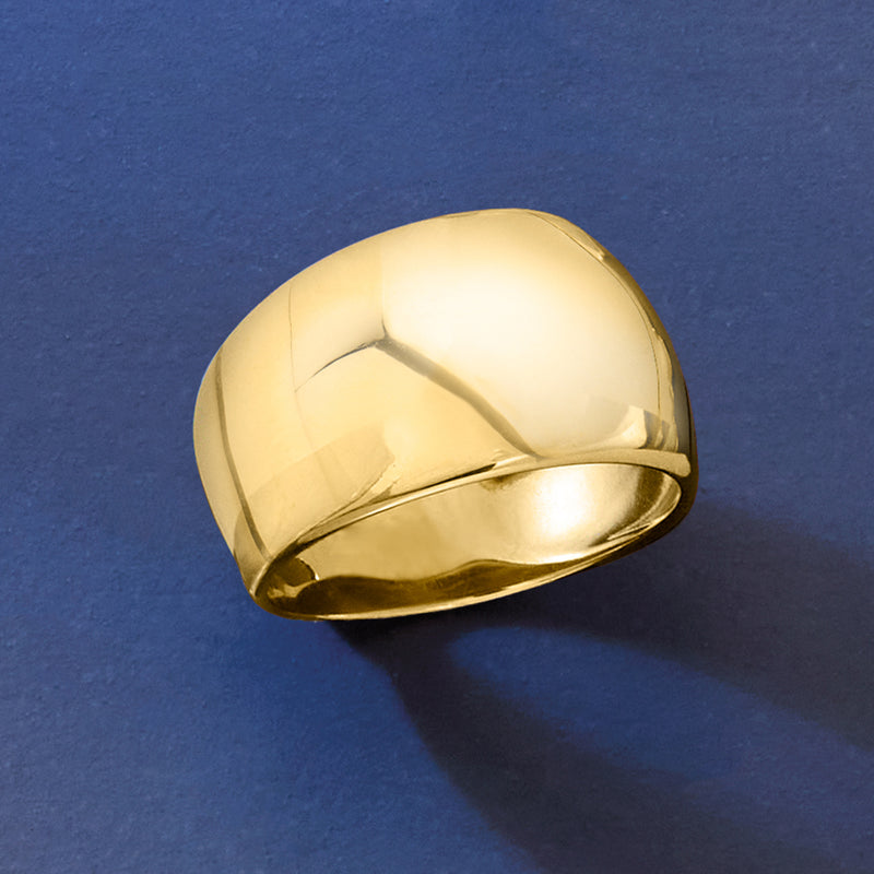 Polished gold dome ring with diagonal profile and smooth edges