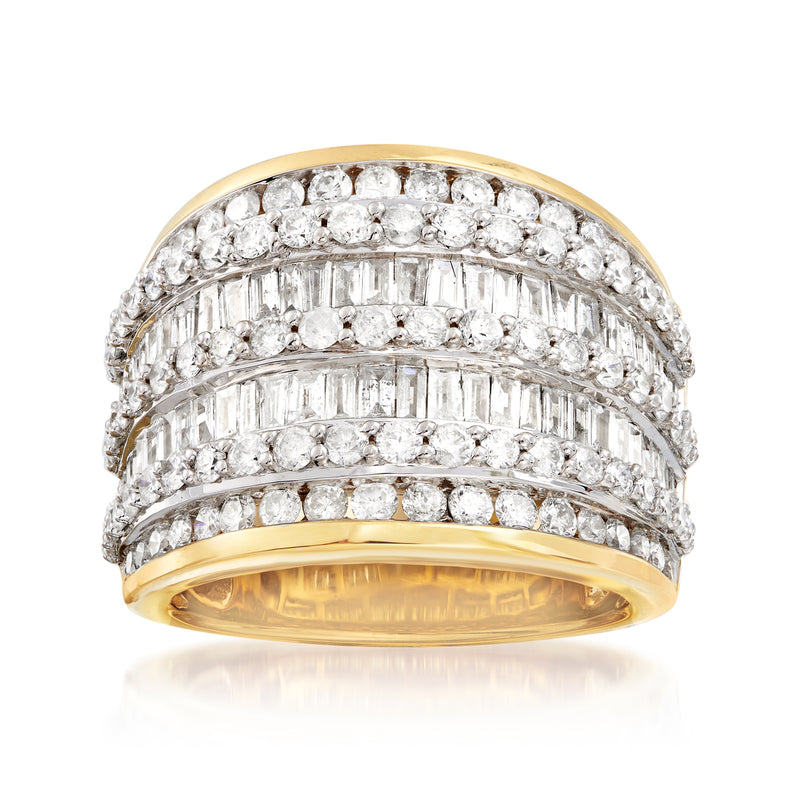 Gold over sterling diamond multi-row ring with baguette and round stones, prong-set