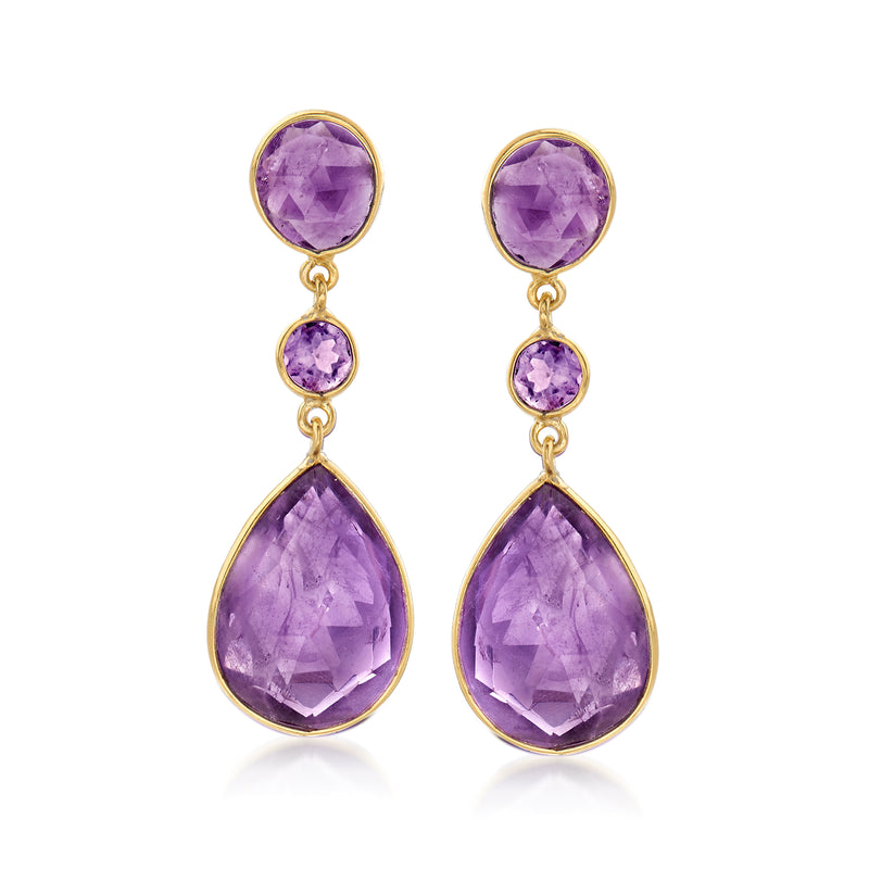 Gold drop earrings with round and pear amethyst stones in three-tier design