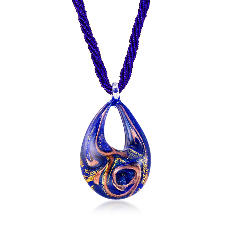 Blue Murano glass teardrop pendant on blue beaded necklace with gold over sterling bail