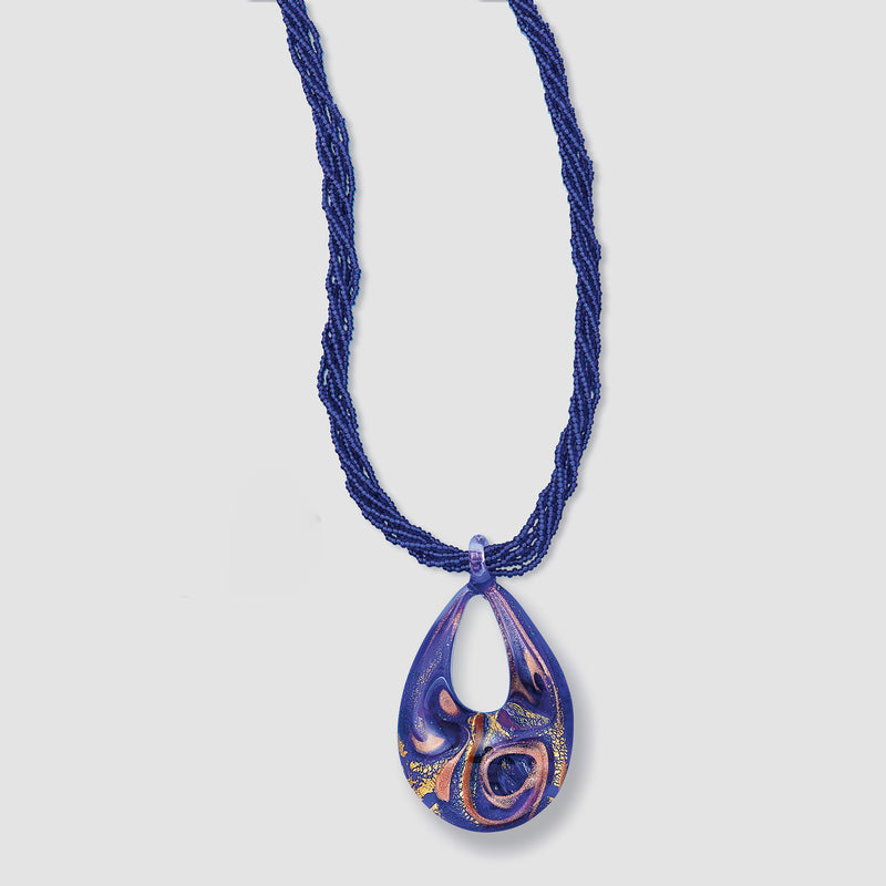 Teardrop Murano glass pendant with swirling blue and gold tones on blue beaded cord