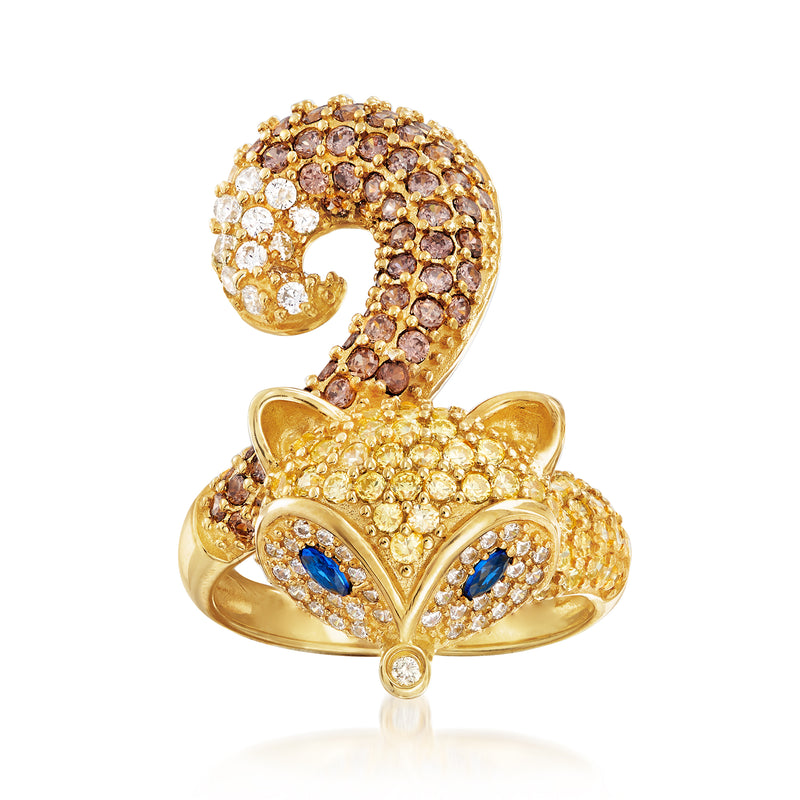 Gold fox CZ ring with multicolored stones, blue eyes, and raised paw detail
