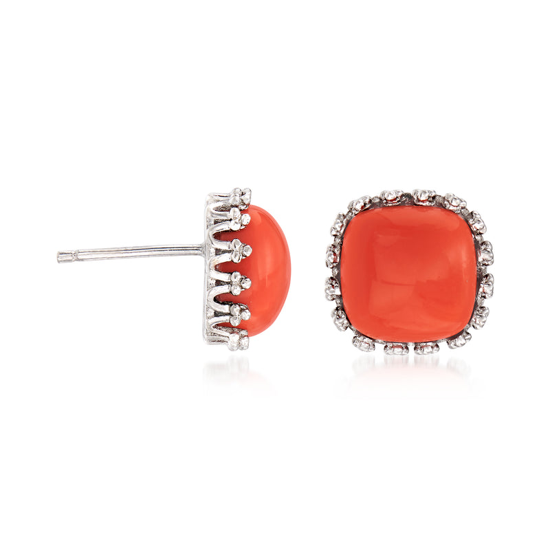 Coral red cushion stud earrings, sterling silver post and side halo
