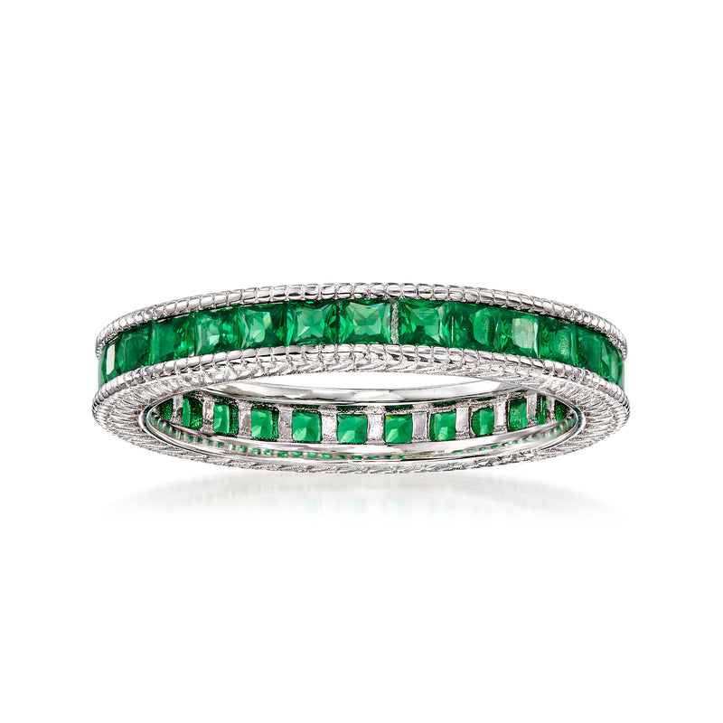 Sterling silver eternity band with green square-cut simulated emerald stones and white accents