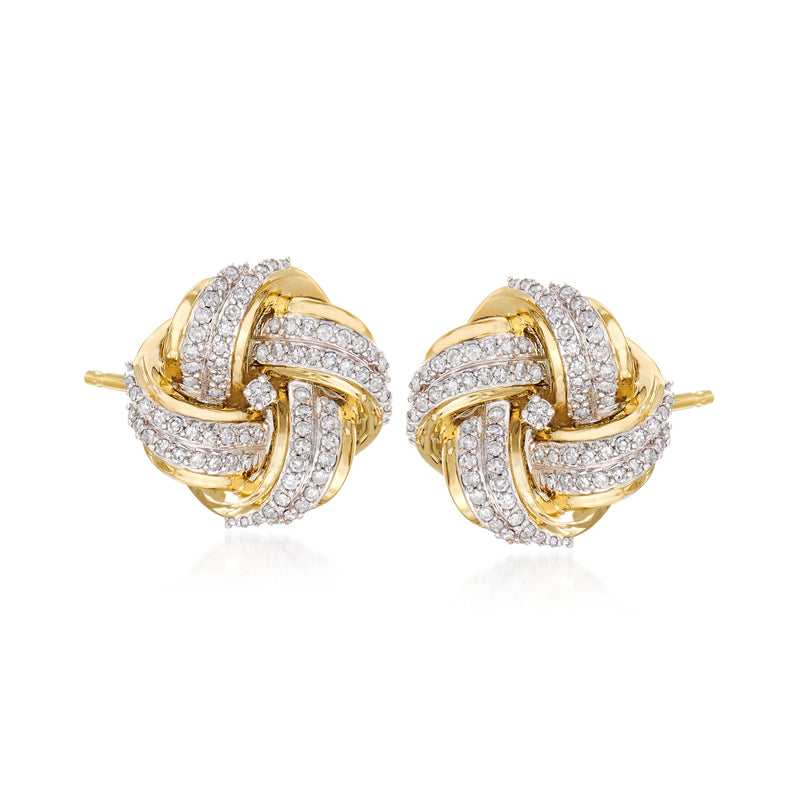Diamond love knot post earrings in 14kt yellow gold