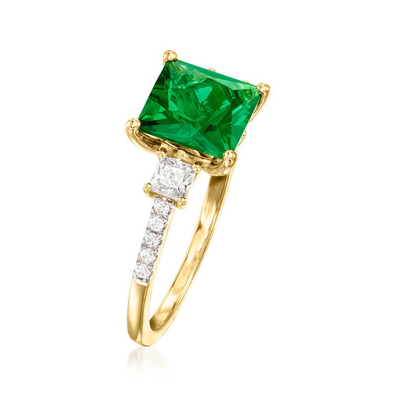 Gold ring with emerald-cut green simulated stone, clear CZ accents