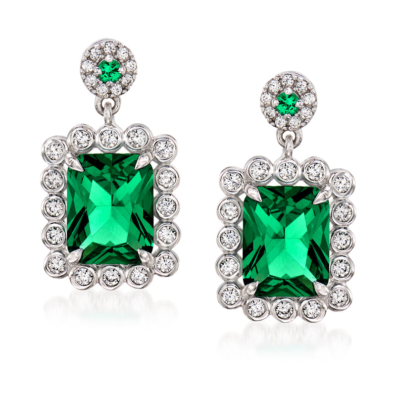 Sterling silver emerald and CZ drop earrings with green center stones
