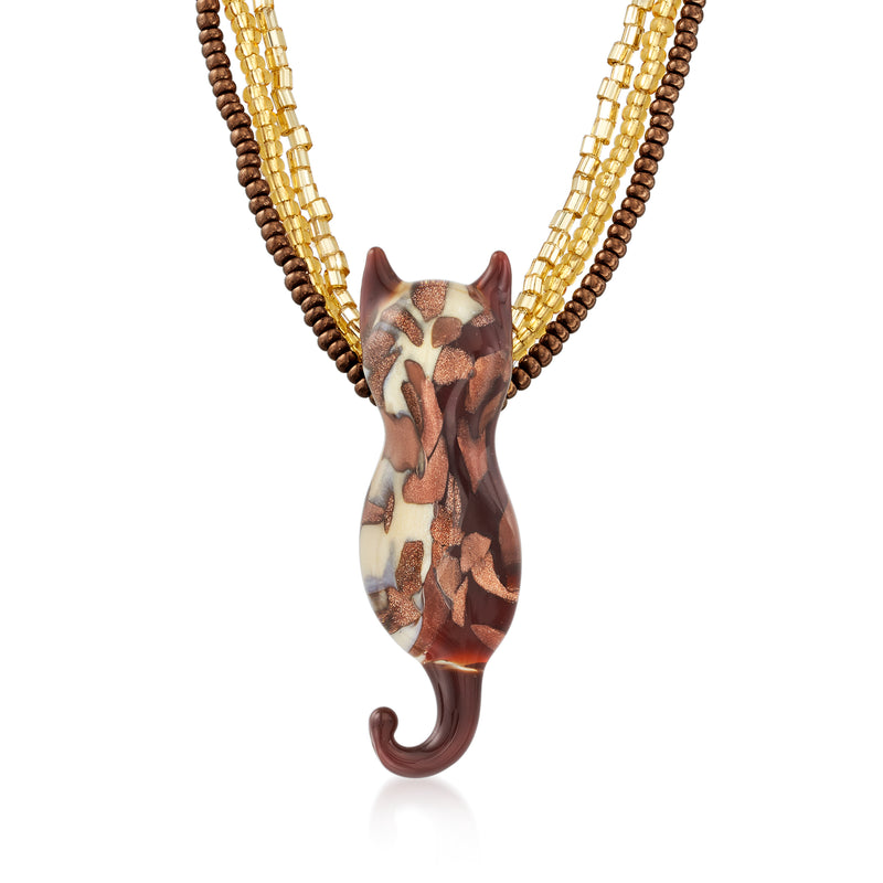 Murano glass cat pendant necklace with three strand gold-tone bead chain