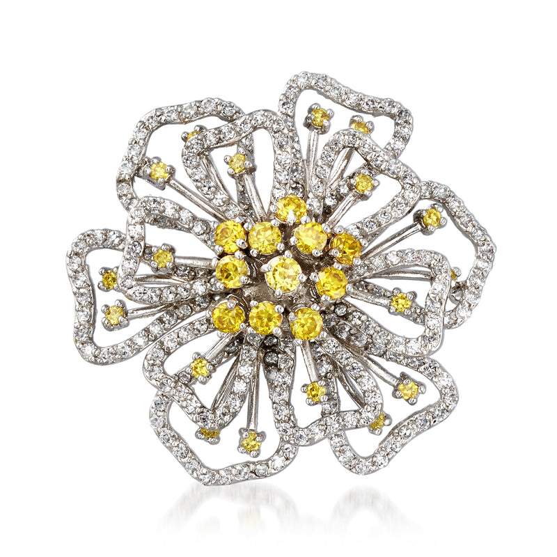 Sterling silver flower pin with yellow and white CZ stone burst design