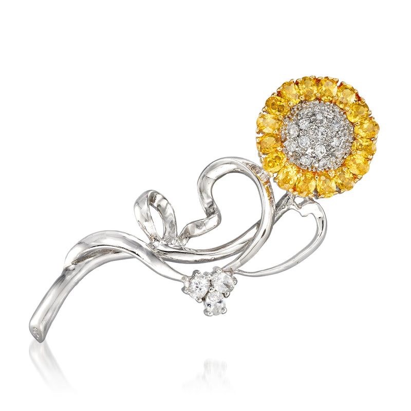 Sterling silver CZ flower pin with yellow halo and white center