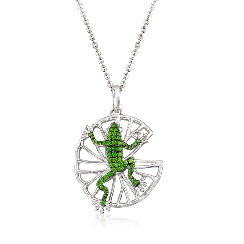 Sterling silver frog pendant necklace with green gemstone inlay