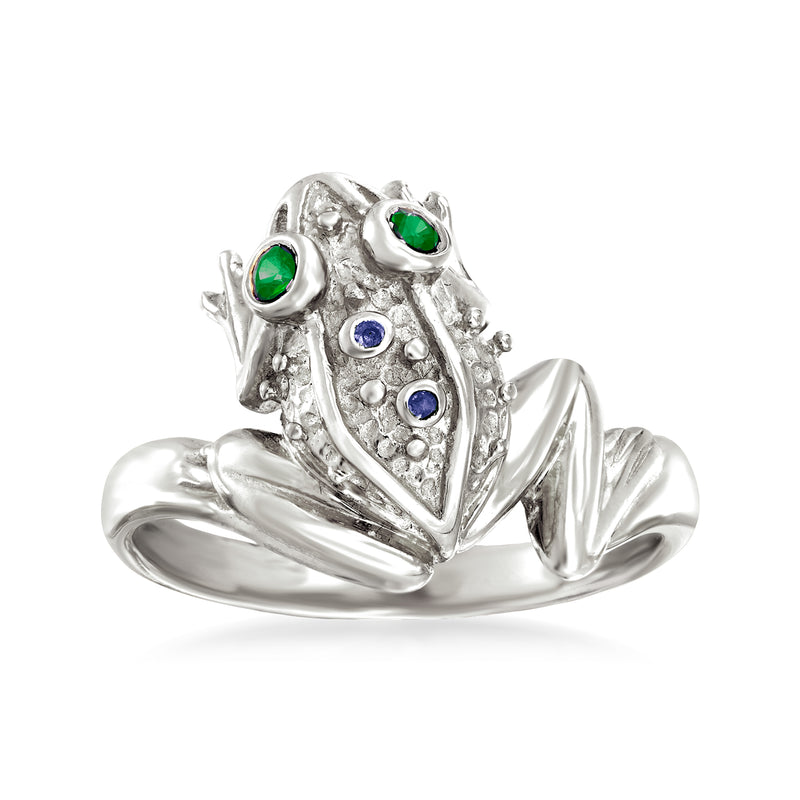 Sterling silver frog ring with green and blue gemstone eyes, textured body