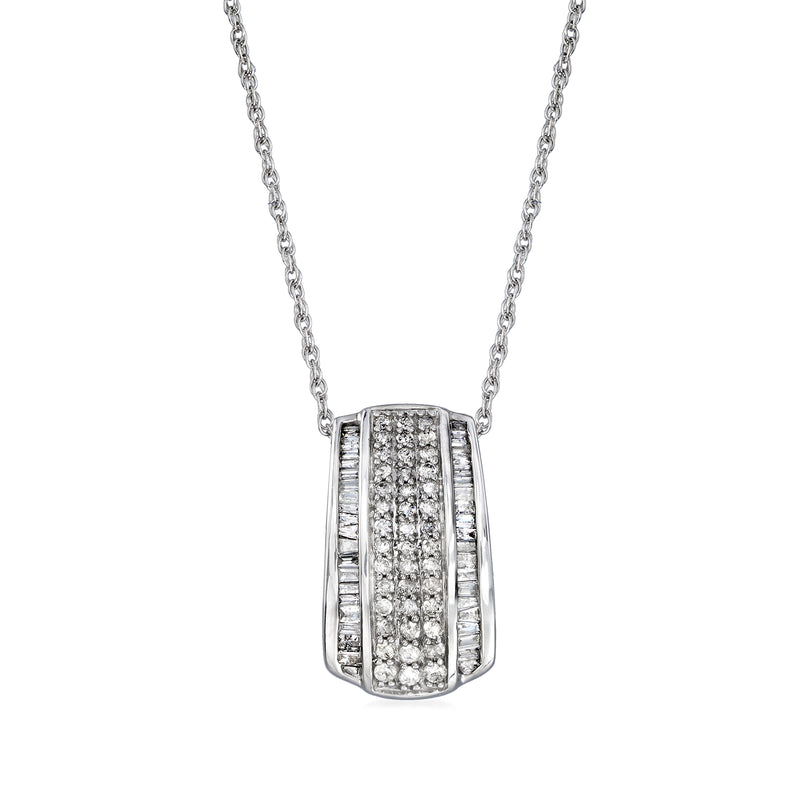 Diamond pendant necklace in 14kt white gold with baguette and round diamond pendant