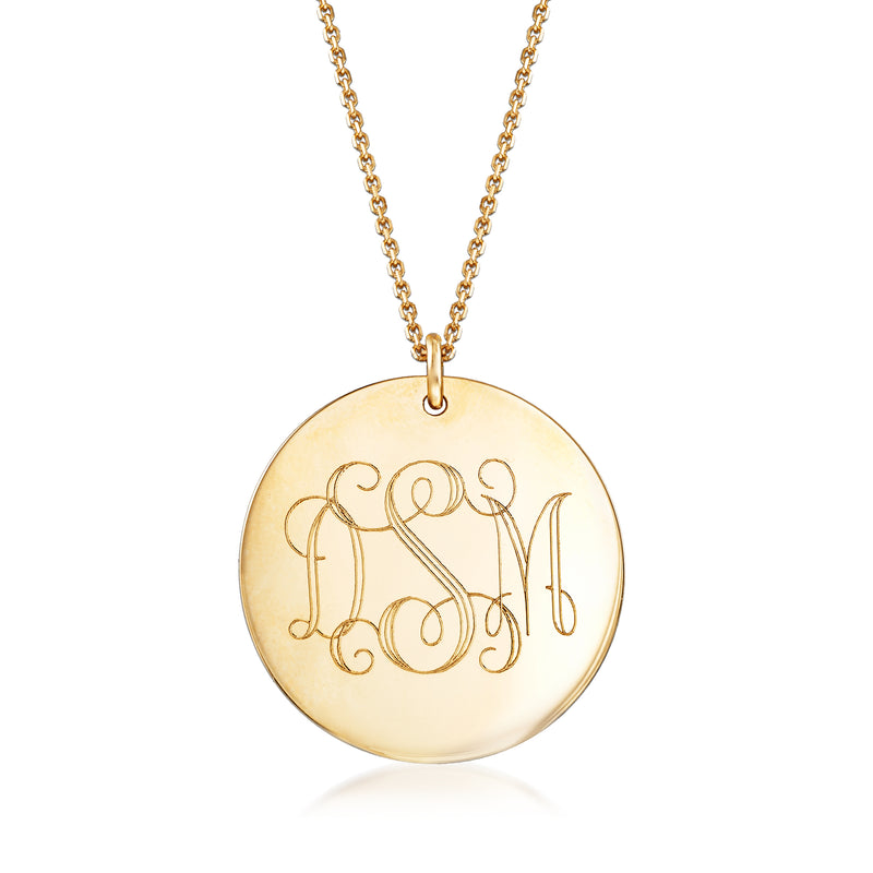 14kt yellow gold personalized disc pendant necklace with engraved monogram on round disc
