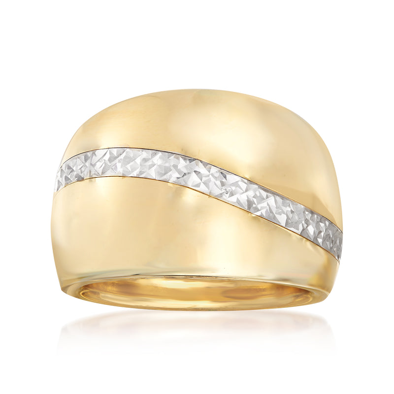 Two-tone gold dome ring with textured silver inlay across the center