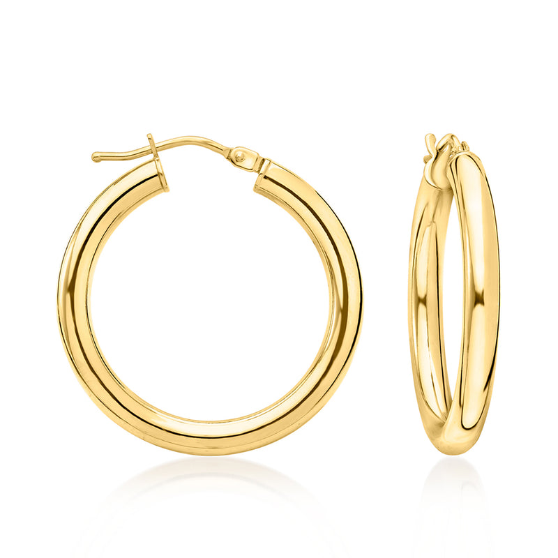 18kt yellow gold hoop earrings with hinged clasp and polished round profile