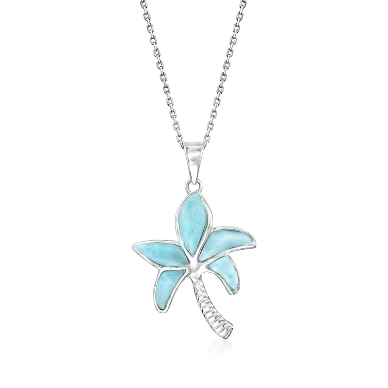 Sterling silver palm tree pendant necklace with light blue larimar cabochon