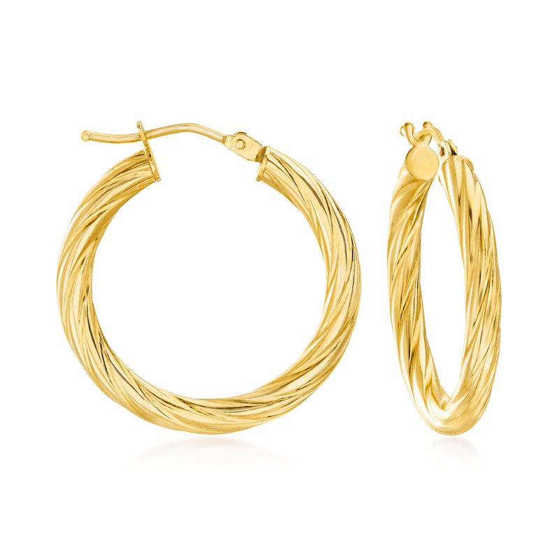 Twisted yellow gold hoop earrings, wide twisted wire design