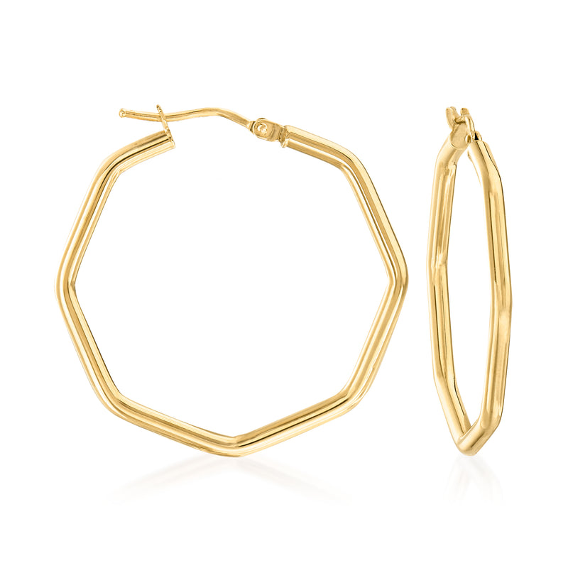 Geometric yellow gold hoop earrings with octagon shape and hinged clasp