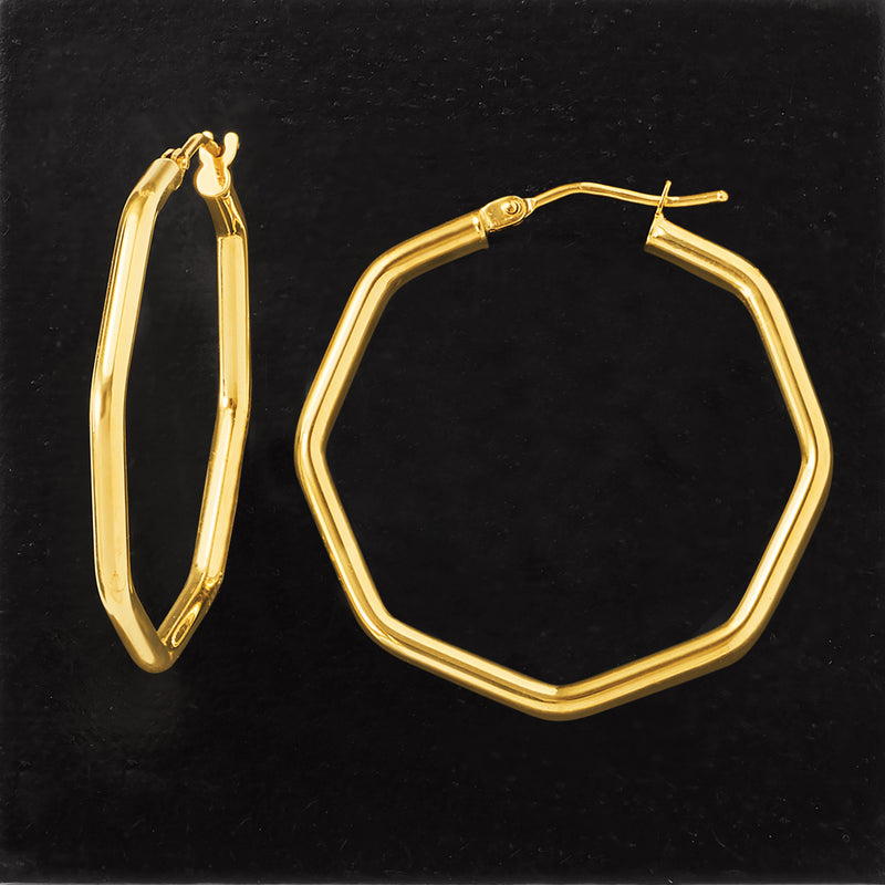 Pair of octagon geometric yellow gold hoop earrings with hinged closure