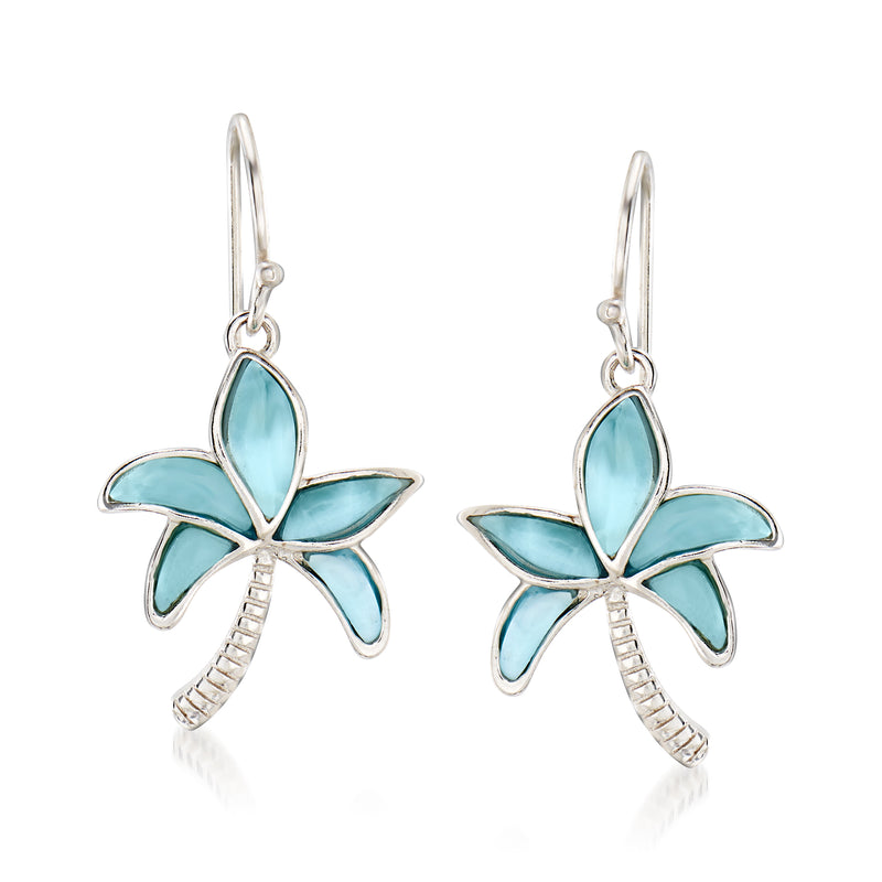 Sterling silver drop earrings with blue palm tree charm and earwire