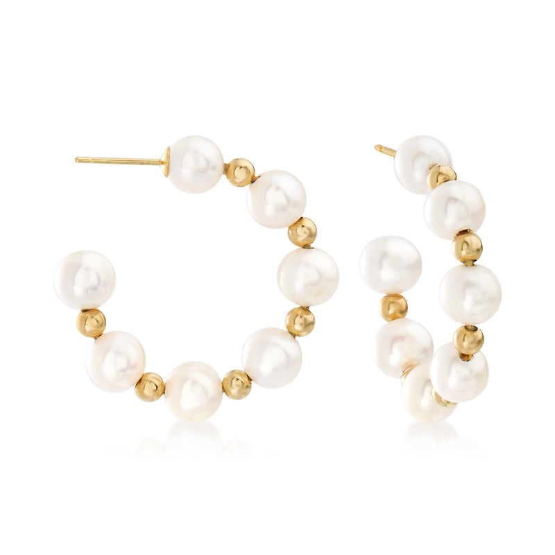 Cultured pearl hoop earrings with 14kt yellow gold, round white pearls
