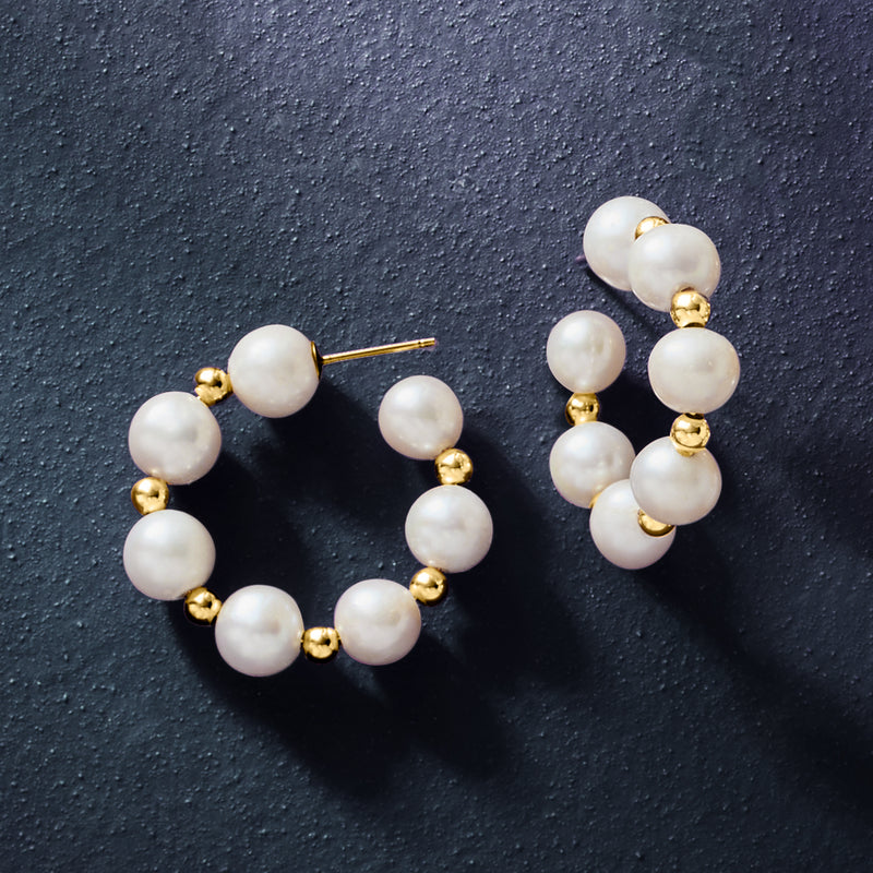 Cultured pearl hoop earrings, white pearls on 14kt yellow gold hoop posts