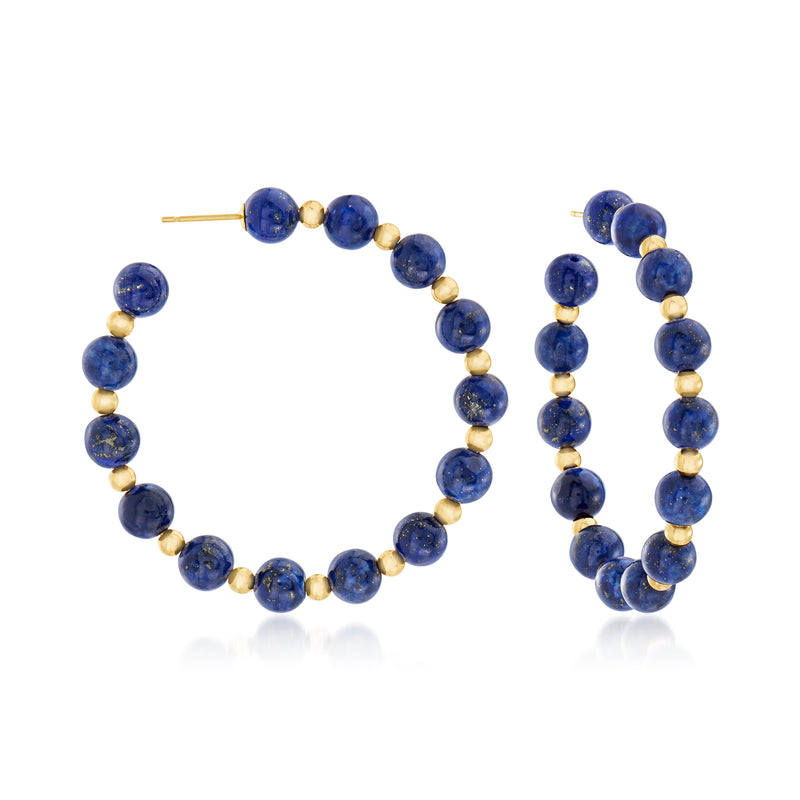 Lapis bead hoop earrings in 14kt yellow gold with blue round stone beads