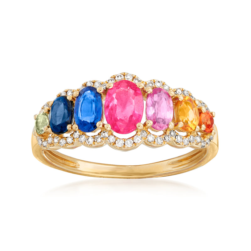 14kt yellow gold multicolor sapphire and diamond oval cluster ring, rounded band