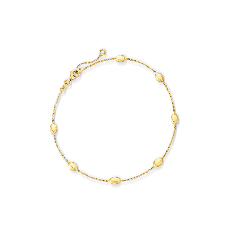 14kt yellow gold oval-bead station anklet with small oval links and spring clasp