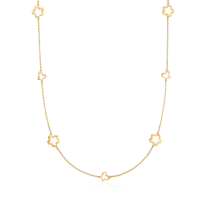 14kt yellow gold station necklace with clover-like charms and delicate chain