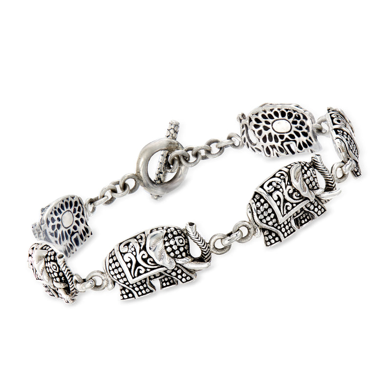 Sterling silver elephant charm toggle bracelet with linked chain and engraved details