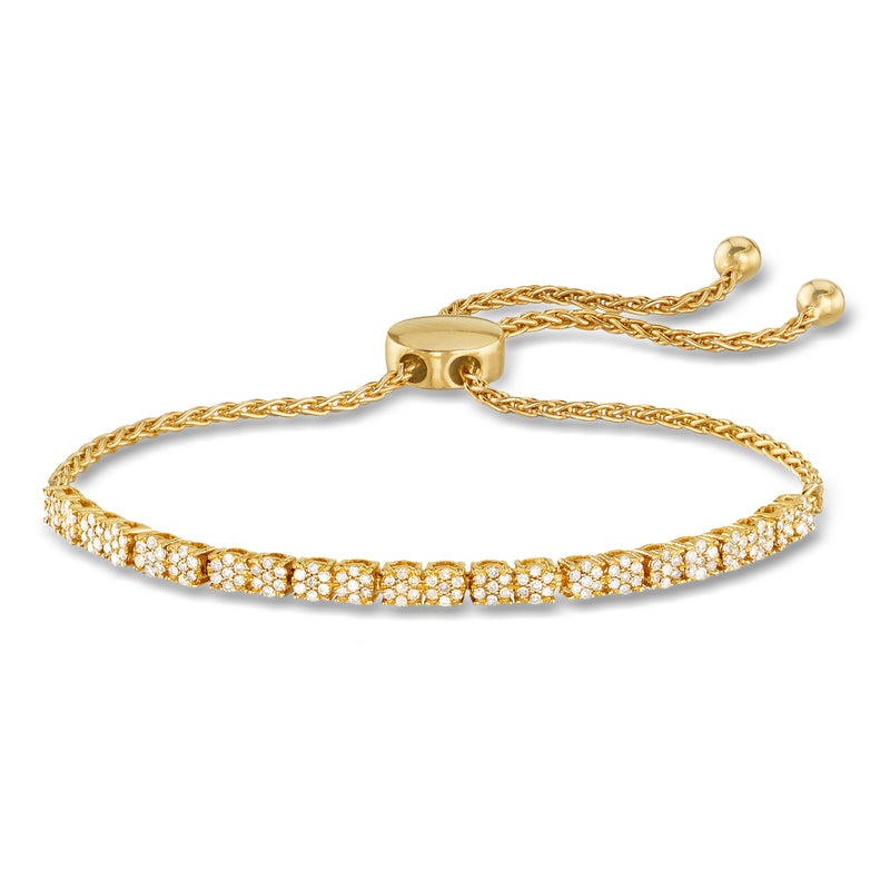 Diamond cluster bolo bracelet in 18kt gold over sterling with adjustable chain