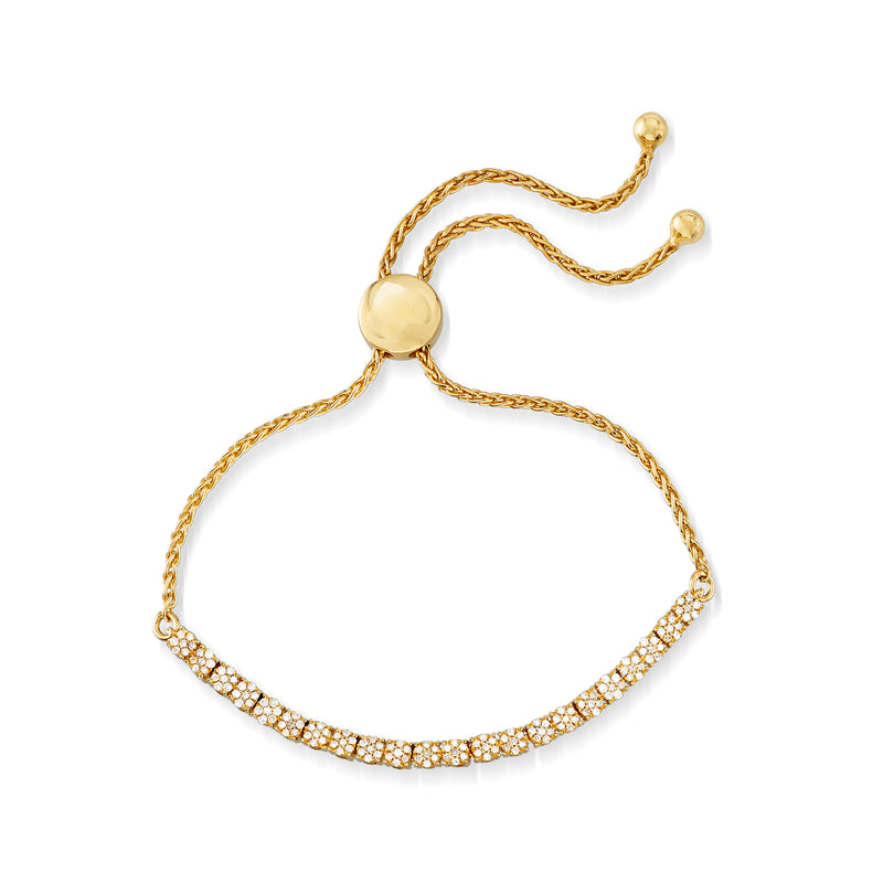 18kt gold over sterling bolo bracelet with diamond cluster curved bar and round slider